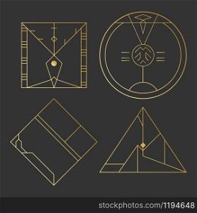 Geometric shape, abstract set of vector deco gold frames. Hipster trendy line style 1920 design. Luxury cover graphic poster brochure design. Elegant logo and icon. Mystery tribal illustration art
