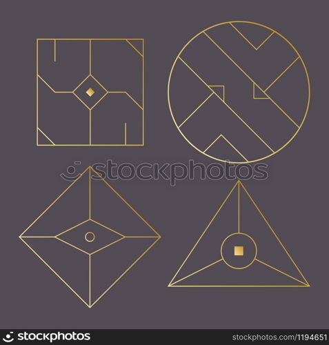 Geometric shape, abstract set of vector deco gold frames. Hipster trendy line style 1920 design. Luxury cover graphic poster brochure design. Elegant logo and icon. Mystery tribal illustration art