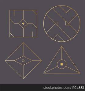 Geometric shape, abstract set of vector deco gold frames. Hipster trendy line style 1920 design. Luxury cover graphic poster brochure design. Elegant logo and icon. Mystery tribal illustration art