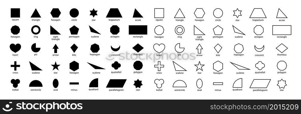 Geometric shape. Basic outline figure for education and toy of kids. Basic geometric shapes in line style such as: triangle, square, circle, trapezium, heart, rhombus, polygon and rectangle. Vector.. Geometric shape. Basic outline figure for education and toy of kids. Basic geometric shapes in line style such as: triangle, square, circle, trapezium, heart, rhombus, polygon and rectangle. Vector