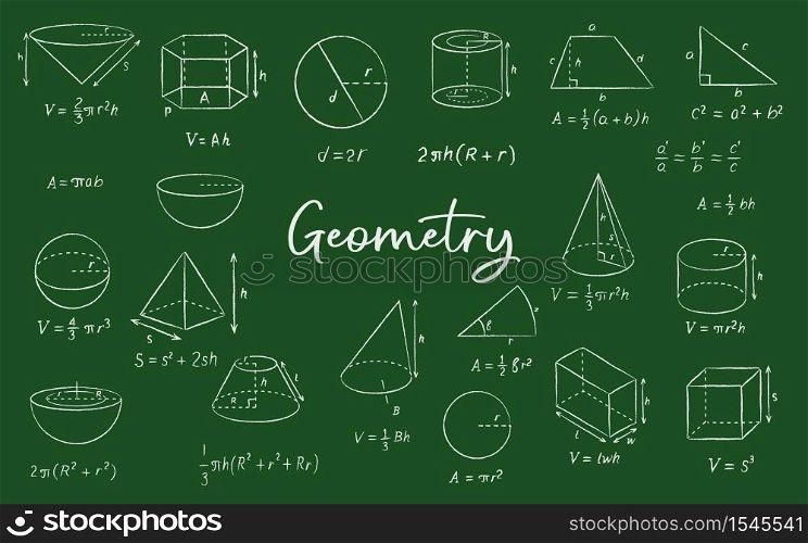 Geometric shape chalk sketches on blackboard, vector education and back to school background. Math formulas, equation, diagrams and proof, circles, squares, spheres and triangles on chalkboard. Geometric shape chalk sketches on blackboard