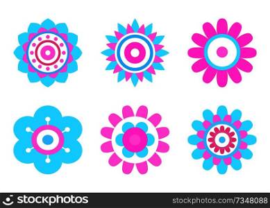 Geometric shape flowering plant made of simple circles and dots, vector flower heads in blue and pink color vector abstract spring blossoms isolated on white. Geometric Shape Flowers Made of Simple Circles