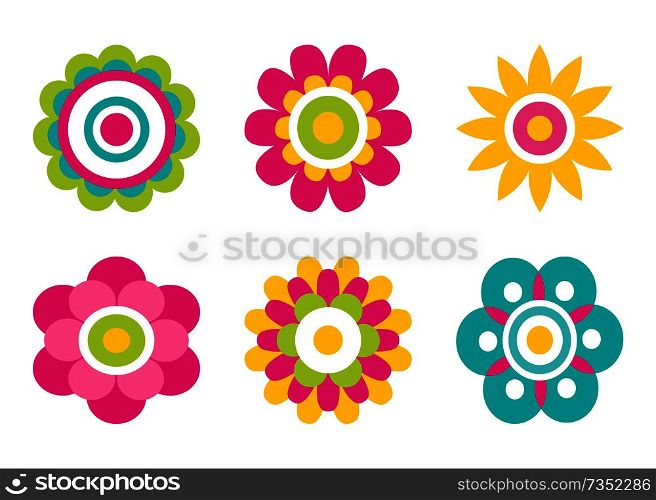 Geometric shape flowers made of simple circles and dots, vector bloom heads color vector abstract spring blossoms isolated on white, set of blooming buds. Geometric Shape Flowers Made of Simple Circles