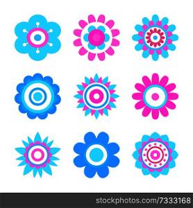 Geometric shape flowers made of simple circles and dots, vector flower heads in blue and pink color vector abstract spring blossoms isolated on white. Geometric Shape Flowers Made of Simple Circles