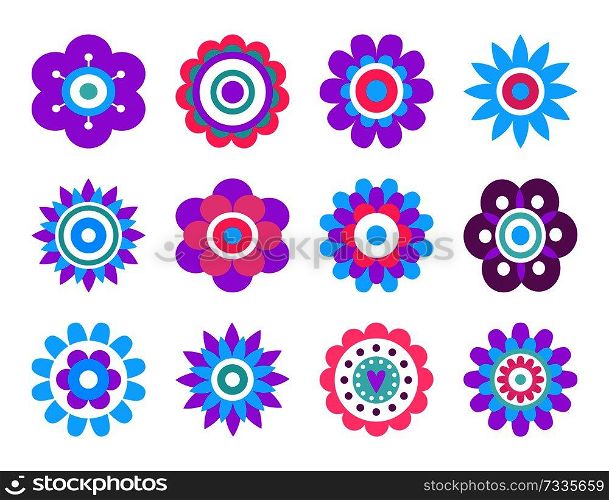 Geometric shape flowers made of simple circles and dots, vector flower heads in blue and pink color vector abstract spring blossoms isolated on white. Geometric Shape Flowers Made of Simple Circles