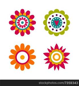 Geometric shape flowers with heart and dots, abstractions of blossoms vector. Stylish abstract round buds made of simple elements in cartoon style. Geometric Shape Flowers Heart and Dots, Abstract