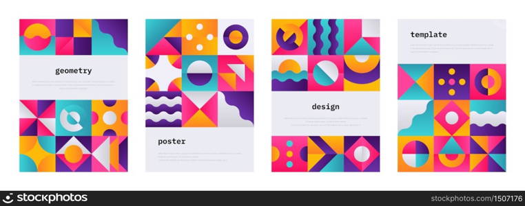 Geometric shape poster. Memphis journal cover with Swiss geometric composition, banner flyer with abstract bauhaus shapes. Vector geometrical colorful patterns or wallpaper set. Geometric shape poster. Memphis journal cover with Swiss geometric composition, banner flyer with abstract bauhaus shapes. Vector set