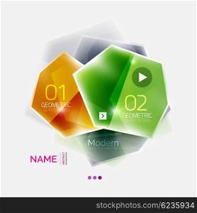 Geometric shaped business infographics. Geometric shaped business infographics. Glossy color elements with option text and button. Abstract presentation element