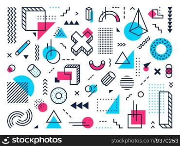 Geometric shapes. Abstract memphis style, points grid and lines pattern symbols. Color minimal poster elements, 80s abstract poster signs or 90s hipster shape. Isolated vector symbols set. Geometric shapes. Abstract memphis style, points grid and lines pattern symbols. Color minimal poster elements vector set