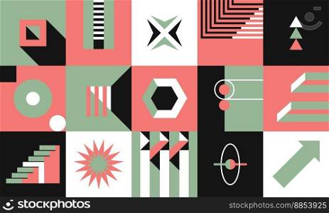 Geometric shapes and abstract forms in square, print or seamless pattern. Hanging l&s and straight lines, curves and stairs. Bauhaus background, contemporary artwork design. Vector in flat style. Geometric shapes and abstract forms in square, print or seamless pattern