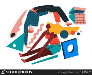 Geometric shapes and shapeless forms, abstract composition with people. Flexible male and female characters, stretching man and woman. Dynamic art with vintage collages. Vector in flat style. Abstract retro composition with geometric shapes