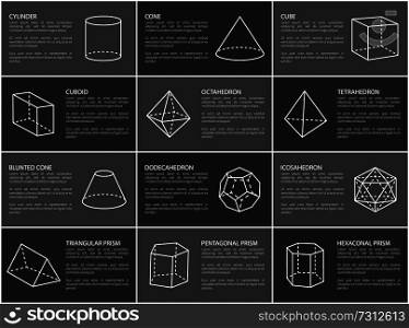 Geometric shapes and text s&le, cylinder dodecahedron and icosahedron, cone and cube, cuboid and triangular prism, shapes set vector illustration. Geometric Shapes Text S&le Vector Illustration