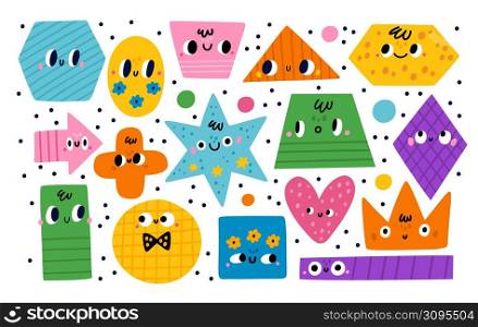 Geometric shapes characters. Basic abstract color figures with cute faces. Educational kids geometry game. Patterned circles and polygons. Trapezoid or arrow. Vector bright baby learnings elements set. Geometric shapes characters. Basic abstract color figures with cute faces. Educational kids game. Patterned circles and polygons. Trapezoid or arrow. Vector baby learnings elements set