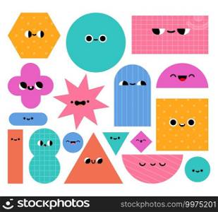 Geometric shapes characters. Basic abstract geometry figures with cartoon faces. Trendy educational objects for preschool kids vector set. Circle, rectangle, triangle and rhombus elements. Geometric shapes characters. Basic abstract geometry figures with cartoon faces. Trendy educational objects for preschool kids vector set