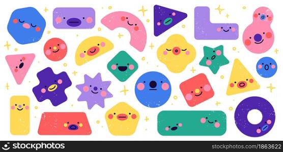 Geometric shapes characters. Funny different simple figures, square triangle and circle forms, cute faces, abstract color kids characters, cartoon emotions design, vector flat style with texture set. Geometric shapes characters. Funny different simple figures, square triangle and circle forms, cute faces, abstract color kids characters, cartoon emotions design, vector with texture set
