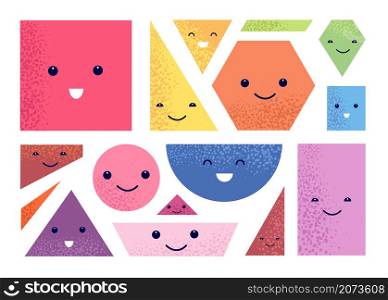 Geometric shapes characters. Polygon faces, kid drawing emotions. Circles with eyes, isolated funny utter vector elements for education. Character geometric, square trendy, basic geometry illustration. Geometric shapes characters. Polygon faces, kid drawing emotions. Circles with eyes, isolated abstract funny utter vector elements for education