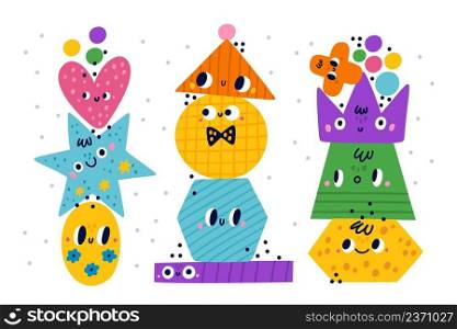 Geometric shapes faces. Colorful figures pyramids. Kids educational geometry games. Comic primitive baby characters set. Funny cartoons. Bright cute polygons and circles. Vector toys compositions. Geometric shapes faces. Colorful figures pyramids. Kids educational geometry games. Comic primitive characters set. Funny cartoons. Cute polygons and circles. Vector toys compositions