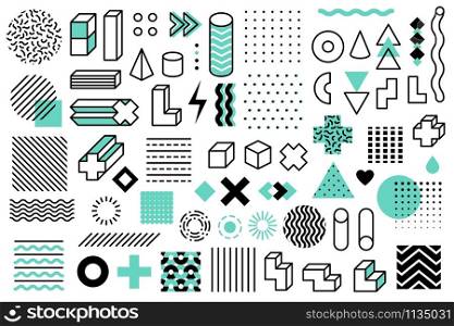 Geometric shapes. Graphic universal memphis style symbols. Lines circle, grid and points, triangle and cubes design elements vector ornament stripes set. Geometric shapes. Graphic universal memphis style symbols. Lines circle, grid and points, triangle and cubes design elements vector set