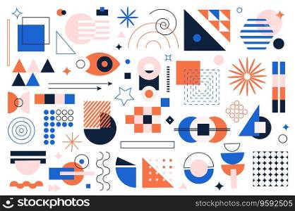 Geometric shapes mega set graphic elements in flat design. Bundle of squares, curl lines, circles, stars, triangles, arrows and other simple forms and composition. Vector illustration isolated objects. Geometric Shapes Vector Set