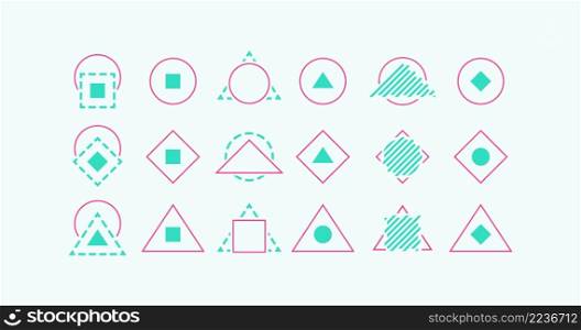 Geometric shapes pink and green brochure element design set. Vector illustration with empty copy space for text. Editable shapes for poster decoration. Creative and customizable frame bundle. Geometric shapes pink and green brochure element design set