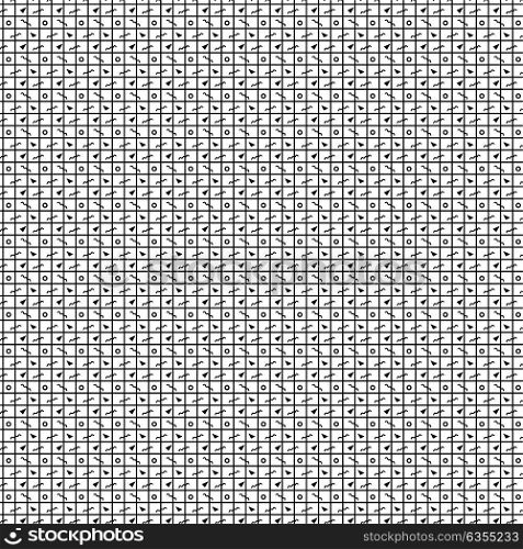 Geometric shapes, seamless pattern consisting of squares and circles with triangles repeating, simple elements vector illustration isolated on white. Geometric Shapes Pattern, Vector Illustration