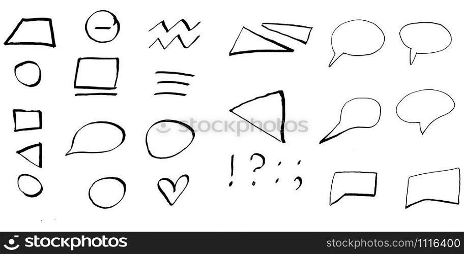 Geometric shapes set with black brush strokes, paint traces, lines, smudges, smears, stains, scribbles isolated on white background. Vector illustration.. Geometric shapes set with black brush strokes, paint traces, lines, smudges, smears