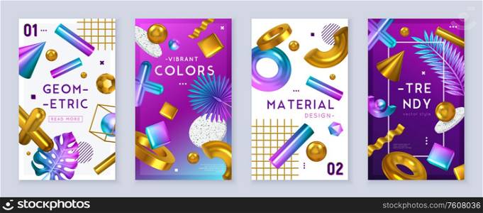 Geometric shapes vibrant colors trendy decorative objects 4 realistic banners set with foil leaves feathers vector illustration