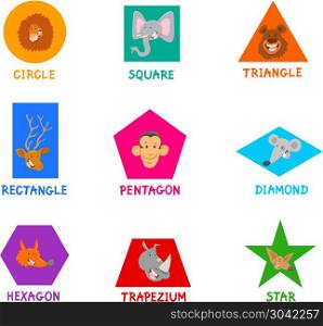 geometric shapes with cute animal characters. Educational Cartoon Illustration of Basic Geometric Shapes with Captions and Funny Animal Characters for Children