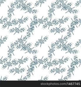 Geometric spring branches seamless pattern on white background. Vintage rustic with twig pattern. Design for fabric, textile print, wrapping paper, cover. Vintage vector illustration. Geometric spring branches seamless pattern on white background. Vintage rustic with twig pattern.