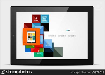 Geometric square shapes and infographic option elements with tablet. Geometric square shapes and infographic option elements with tablet. Vector illustration