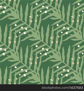 Geometric tropical fern leaves seamless pattern on green background. Botanical wallpaper. Design for fabric, textile print, wrapping paper, cover. Modern vector illustration.. Geometric tropical fern leaves seamless pattern on green background. Botanical wallpaper.
