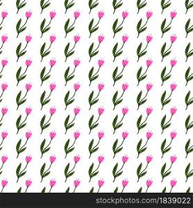 Geometric tulip flower seamless pattern isolated on white background. Botanical design. Decorative floral ornament wallpaper. For fabric, textile print, wrapping, cover. Retro vector illustration. Geometric tulip flower seamless pattern isolated on white background. Botanical design.