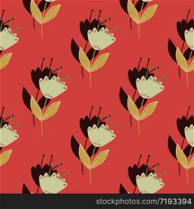 Geometric vintage flowers seamless pattern on red background. Abstract floral wallpaper. Design for book covers, graphic art, wrapping paper, fabric, textile, cover. Vector illustration. Geometric vintage flowers seamless pattern on red background. Abstract floral wallpaper.