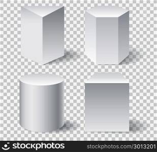 Geometric white 3d shapes. Geometric white 3d shapes. Geometry shape set like cone and cylinder, octahedron and prisma isolated on transparent background, vector illustration