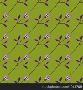Geometric wildflower seamless pattern on green background. Elegant floral ornament. Abstract botanical design. Nature wallpaper. For fabric, textile print, wrapping, cover. Vector illustration. Geometric wildflower seamless pattern on green background. Elegant floral ornament.