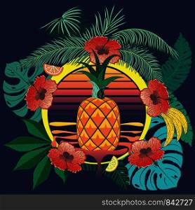 Geometric yellow orange pineapple with tropical leaves and fruits abstract retro style design.