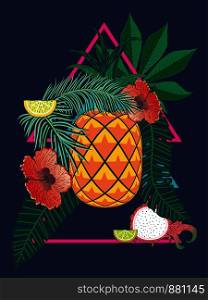 Geometric yellow orange pineapple with tropical leaves and fruits abstract retro style design.