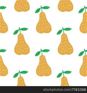 Geometric yellow pears seamless pattern on white background. Sweet fruits wallpaper in doodle style. Vector illustration. Design for fabric, textile print, wrapping paper, kitchen textiles.. Geometric yellow pears seamless pattern on white background. Sweet fruits wallpaper in doodle style. V