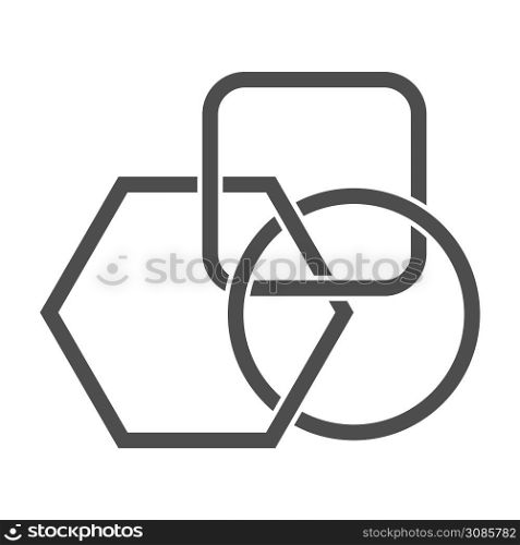 Geometrical abstraction. The intersection of the geometric shapes, circle, square, and hexagon. Simple vector illustration, flat style isolated on white background.