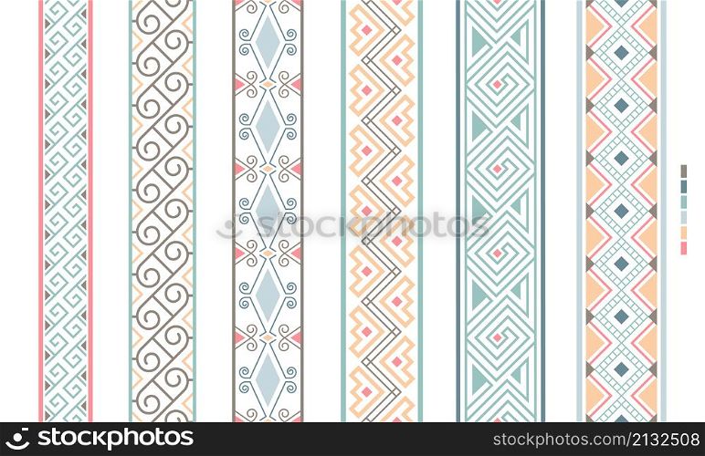 Geometrical filigree borders. Color beauty ornaments linear patterns, vector ethenic ornamental bkrders, vintage craft colorful border lines vector illustration isolated on white. Geometrical filigree borders. Color beauty ornaments linear patterns, vector ethenic ornamental bkrders, vintage craft colorful border lines vector illustration