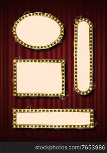 Geometrical glowing frame set on red curtain background. Empty shape for presentation, rectangle and oval, square board with shiny border, signboard vector. Signboard with Light, Geometrical Frame Vector