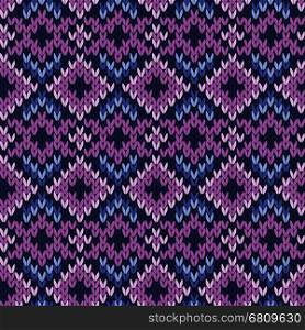 Geometrical ornate knitted seamless vector pattern as a fabric texture in purple and blue hues