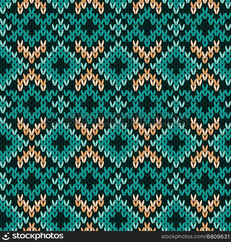 Geometrical ornate knitted seamless vector pattern as a fabric texture in turquoise, green and beige hues