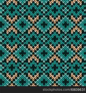 Geometrical ornate knitted seamless vector pattern as a fabric texture in turquoise, green and beige hues