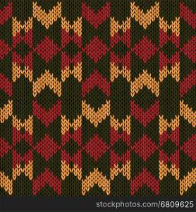 Geometrical ornate seamless knitted vector pattern as a fabric texture in blue, turquoise and orange colors