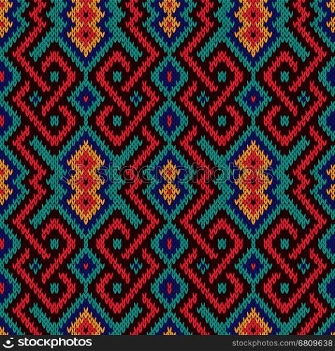 Geometrical ornate seamless knitted vector pattern as a fabric texture in blue, red, turquoise, brown and orange colors