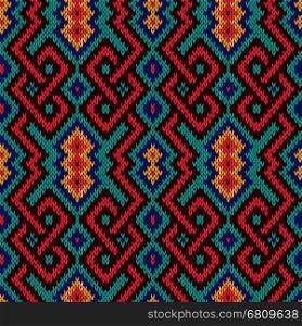 Geometrical ornate seamless knitted vector pattern as a fabric texture in blue, red, turquoise, brown and orange colors