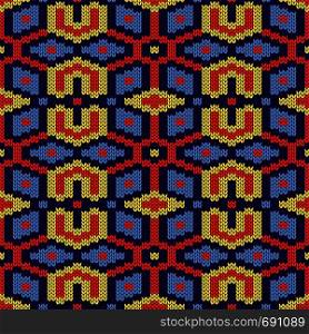 Geometrical ornate seamless knitted vector pattern as a fabric texture in blue, orange and yellow colors