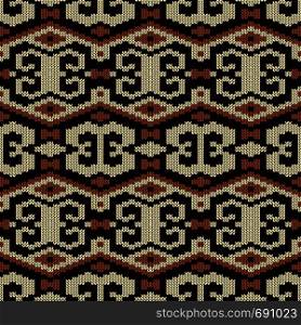 Geometrical ornate seamless knitted vector pattern as a fabric texture in brown and beige colors