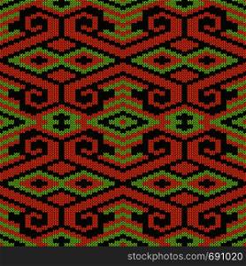 Geometrical ornate seamless knitted vector pattern as a fabric texture in green and orange colors